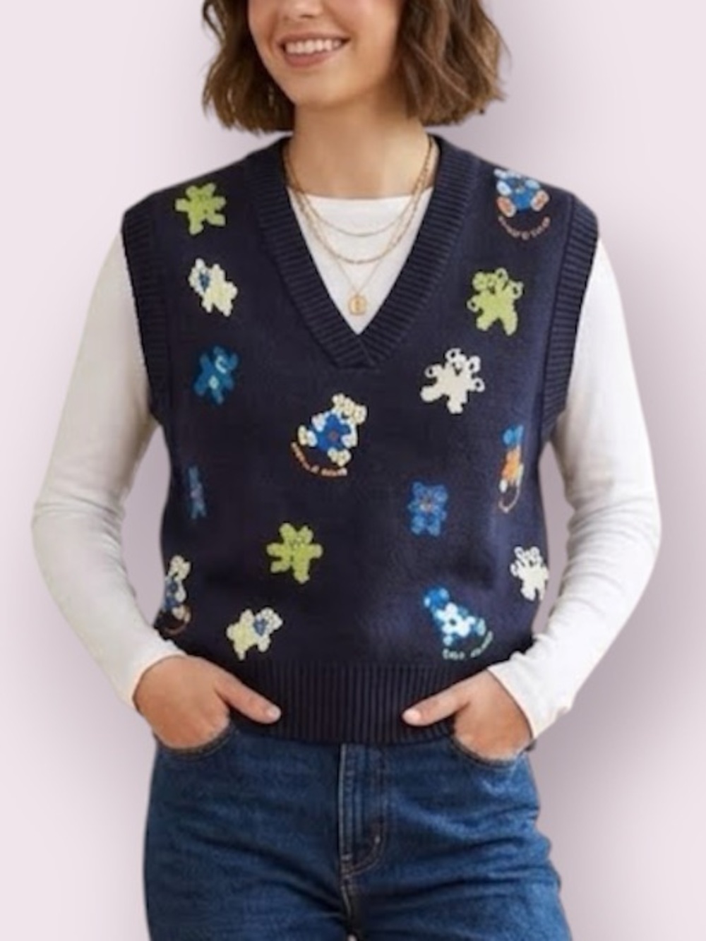 Cider Wool Teddy Bear Sleeveless Sweater Vest Blue Size Large